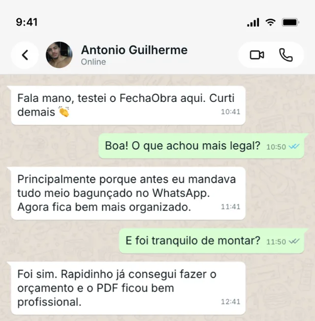 Print de conversa no WhatsApp — depoimento de Antonio Guilherme sobre o FechaObra