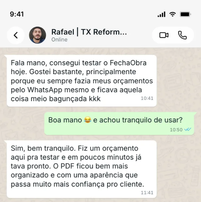 Print de conversa no WhatsApp — depoimento de Rafael sobre o FechaObra