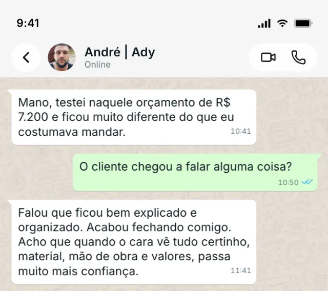 Print de conversa no WhatsApp — depoimento de André sobre o FechaObra