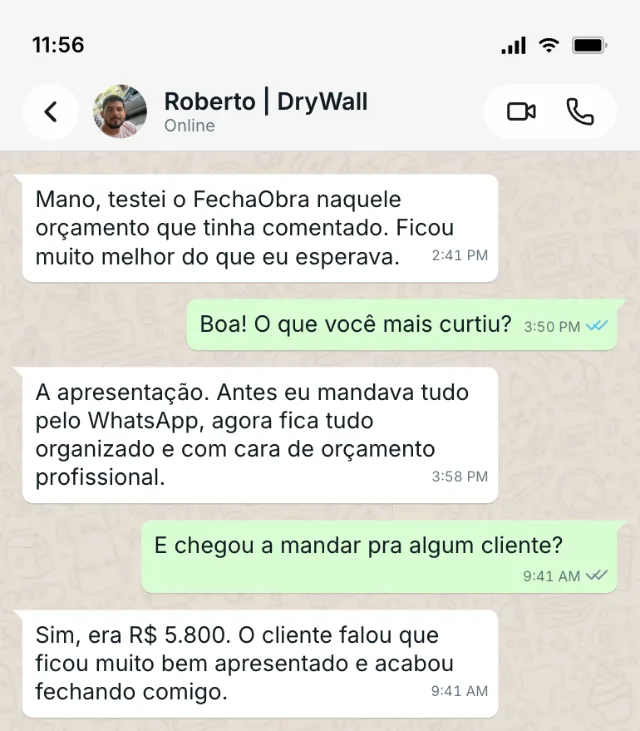 Print de conversa no WhatsApp — depoimento de Roberto sobre o FechaObra