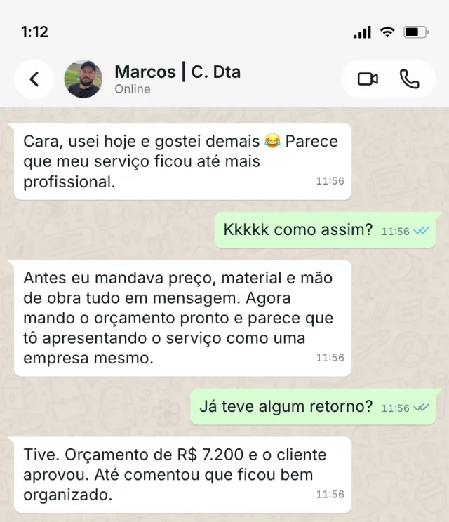 Print de conversa no WhatsApp — depoimento de Marcos sobre o FechaObra