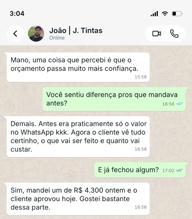 Print de conversa no WhatsApp — depoimento de João sobre o FechaObra