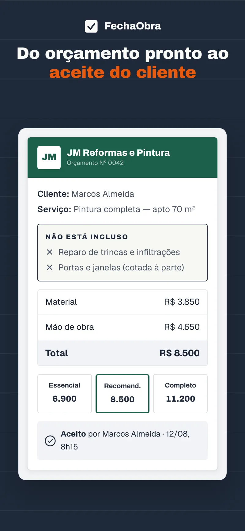 Orçamento em PDF aberto no celular, com escopo, valores e pacotes